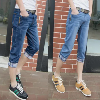 

Top quality 2020 Fashion Summer thin Side button grid edge Slim Fit breeches denim streetwear pencil pants pantalon homme jean