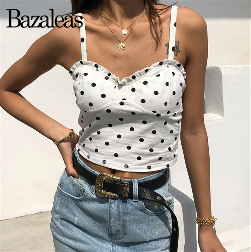 

Bazaleas Vintage dot Print Women Camis Casual Soft Cotton cropped Sexy Crop top women Fashion slim Women Tank Top drop shipping