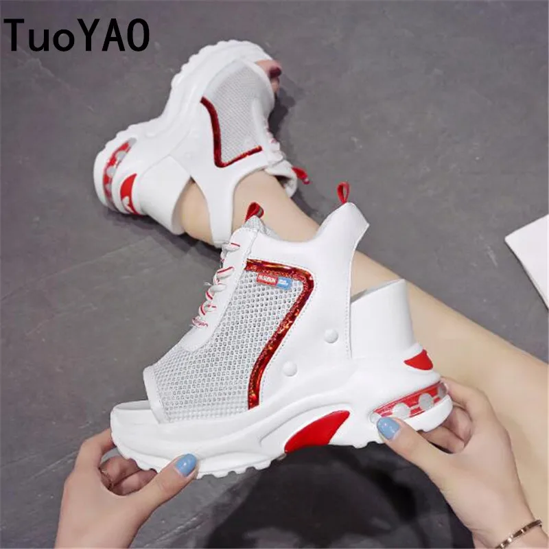 

2019 Summer Women Sneakers Mesh Casual Platform White Shoes 10 CM Heels Wedges Breathable Summer Woman Height Increasing Shoes