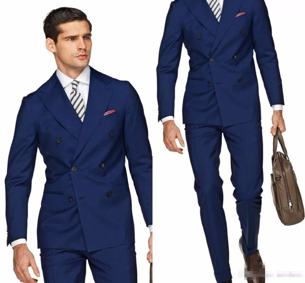 Italian Style Navy Blue Groom Tuxedos Double Breasted Blazer 2 Pieces