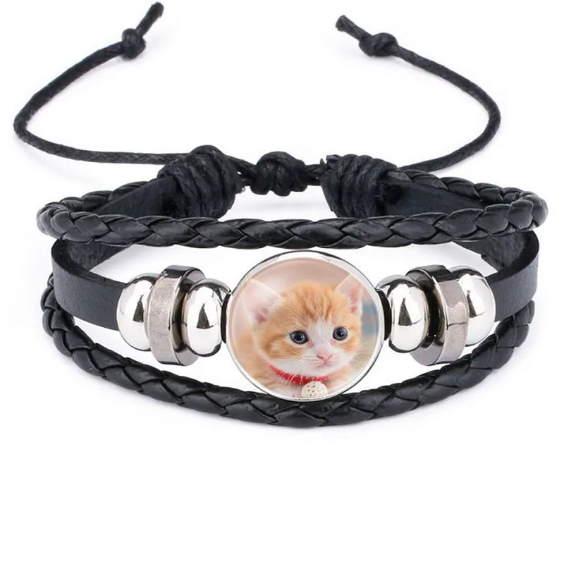 Harajuku Style Cat Jewelry with Glass Cabochon Cheshire Cat Pattern Bracelet Genuine Leather Multilayer Beaded Bracelet Bangle