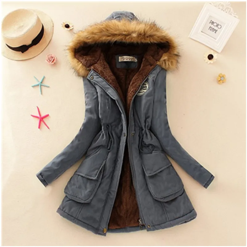 

2019 Winter New Women's Hooded Fur Collar Waist And Velvet Thick Warm Long Cotton Jacket Coat