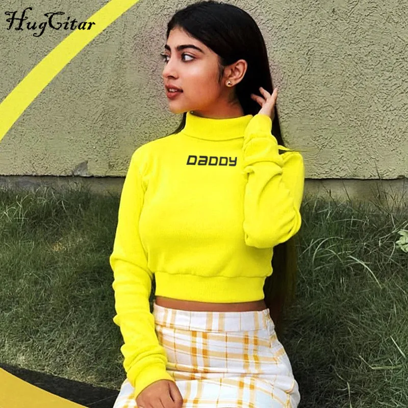 Hugcitar cotton long sleeve letters print high neck sexy crop tops 2019 autumn winter women sweatsh