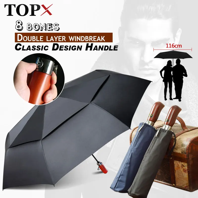 Двойной слой большой автоматический зонт от дождя женский ветрозащитный зонтик мужской высокое качество Творческий твердой деревянной ручкой Мода Paraguas