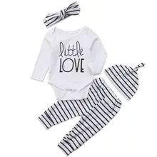 Новорожденных Для маленьких мальчиков Обувь для девочек с длинным рукавом Маленькая любовь ползунки Топы Корректирующие+ полосатые брюки шляпа повязка на голову одежда