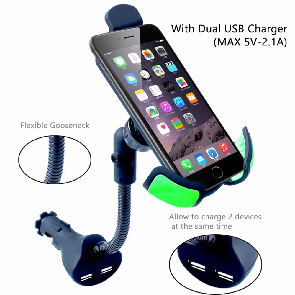 Universal Goose-neck Car Mount Charger Holder with with 2 USB Charging Port Car Charger for 3.5-6.3 Inch Smartphone (2)