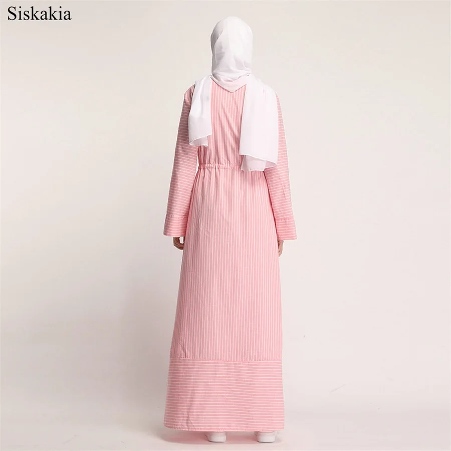 Siskakia Muslim Ladies Solid Stripe Patchwork Long Dress Ramadan O-Neck Long Sleeve Belt Women Dresses Brief Elegant 2019 New (4)