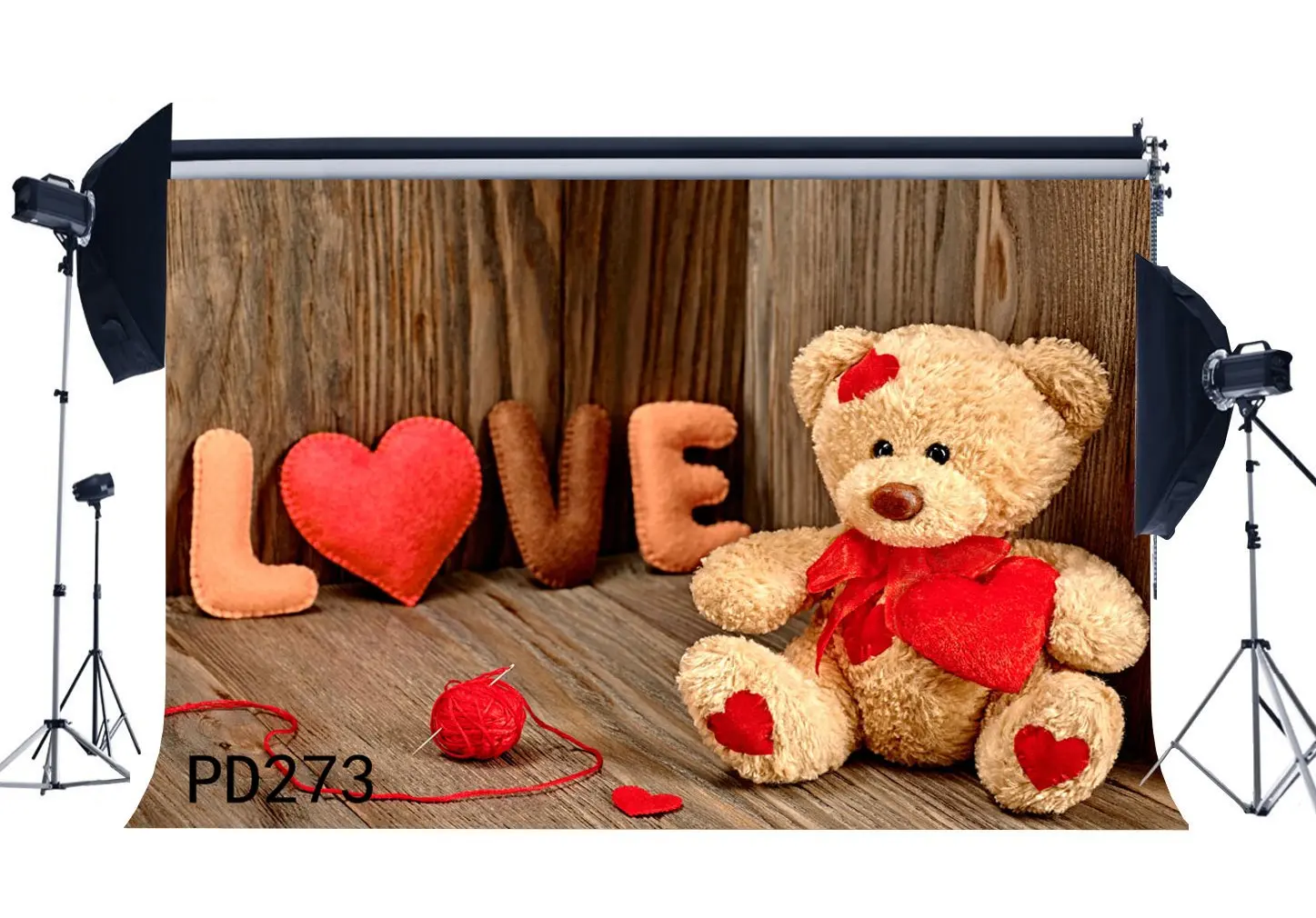

Photography Backdrops Valentine's Day Lovely Bear Love Nostalgia Stripe Wood Floor Seamless Background