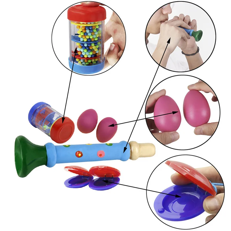 

IRIN Orff Small Musical Instrument Set Sand Eggs + Rainmaker + Small speaker + Plastic Castanets Percussion Instruments Parts