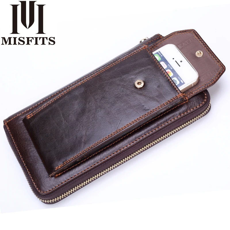 MISFITS Clutch Wallets Men Genuine Leather Vintage Zipper Long Wallet Organizer Cell Phone Clutch Bag Business