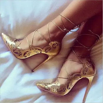 

Sexy Vintage Lace High Heels 12cm Pointed Toe Cross-tie Ladies Shoe Lace-up Woman Pumps Party Wedding Shoes Customized Big Size