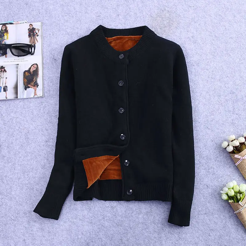 Осенне-зимний вязаный свитер, кардиган, Женское пальто, плюс бархатный теплый плотный свитер, пальто с длинным рукавом, тонкий вязаный кардиган Q985 - Цвет: Black