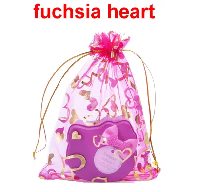 7x9 см мешочки из органзы Мешочки с завязками из органзы подарок ювелирные изделия Свадебная Упаковка Сумки, Золотое сердце и цветок розы, 100 шт - Цвет: fuchsia heart