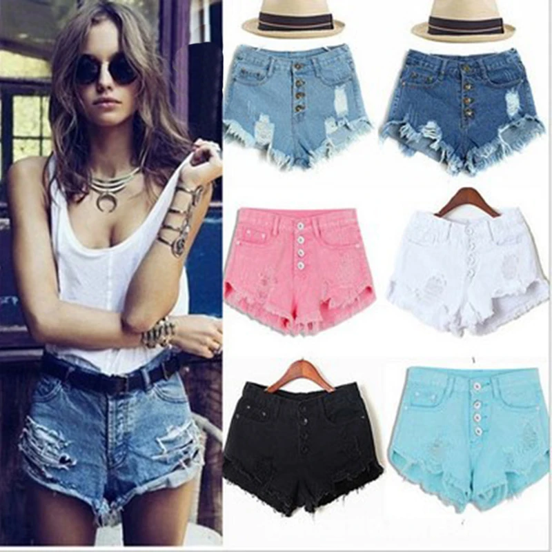 Denim Shorts Solid High Waist Women Short Pants Summer Fashion Hole Female Shorts Women Jeans With Button Women Clothing S-XL (1)
