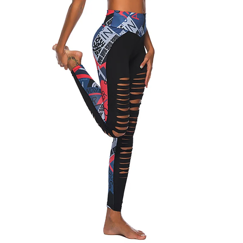 cheap Fashion Letter Pattern Digital Printed Leggings For Women #039;s Hollow Hole Sexy Stitching Legging High Waist Push Up Black Leggings