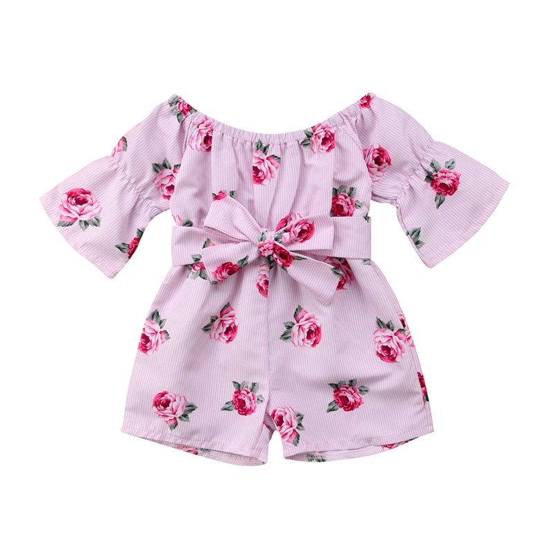 

Floral Toddler Kids Baby Girl Cold Shoulder Bow Lace Up Romper Playsuit Outfits Princess Bebe Girl Summer Flower Clothes 6M-5Y