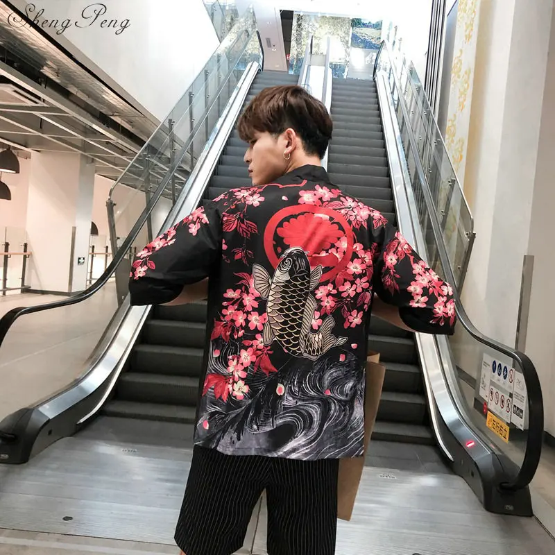 

Yukata Kimono Men/Women Japanese Bath Robe Gown Party Dress Print Cherry Blossom Wave Carp Bathrobe Kimono Shirts G001