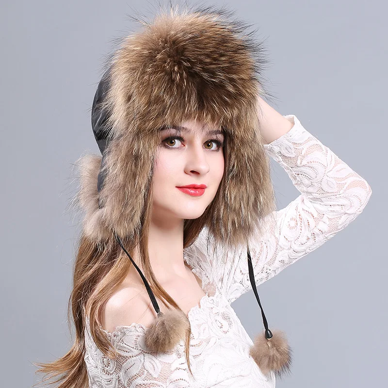 New Fox Hair Warm Lady Bomber Hat Winter Thickened Ear Protection Fluffy Fur Ladies Cap Women Russian Casual Fashion Caps H7063