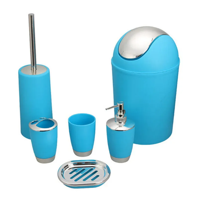Blue Bathroom Accessories Set 6 Pieces Plastic Gift Set Toothbrush Holder Toothbrush Cup Soap Dispenser Hand Sanitizer Bottles