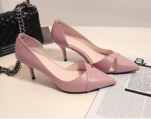 

Pointed Toe Genuine Leather Single Shoes Sweet Nude Color High-Heeled Shoes Shallow Mouth Pumps For Women Cutout