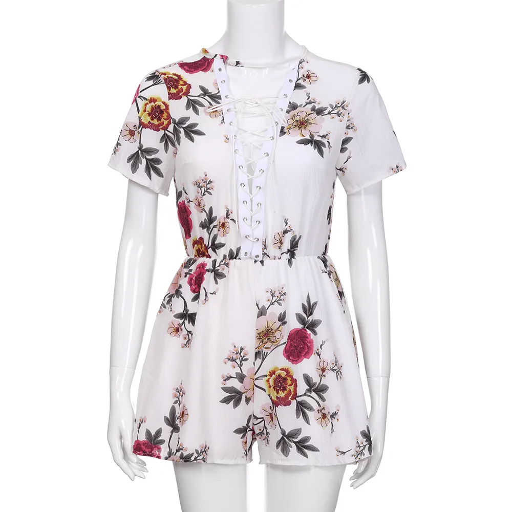  Women Lace Up Printing Loose Short Sleeve Round Neck Casual Beach Rompers Jumpsuit Playsuit F#J07 (1)