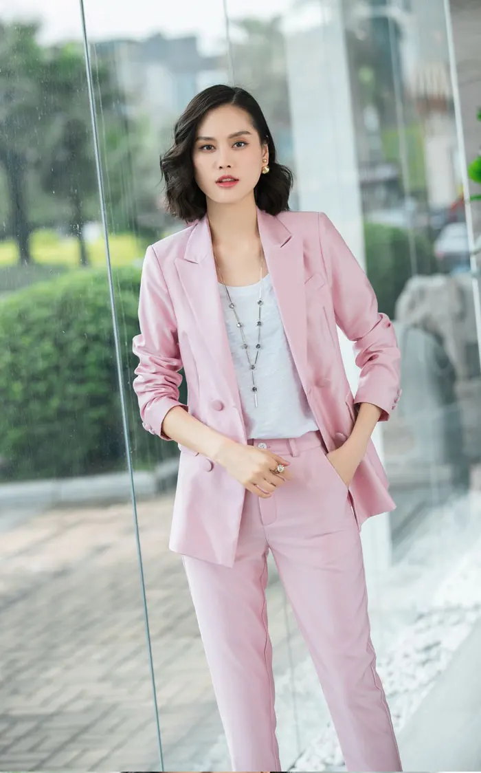 New Office Work Blazer Suits Of High Quality OL Women Pants Suit Blazers Jackets With Trouser Two Pieces Set Red Pink Blue