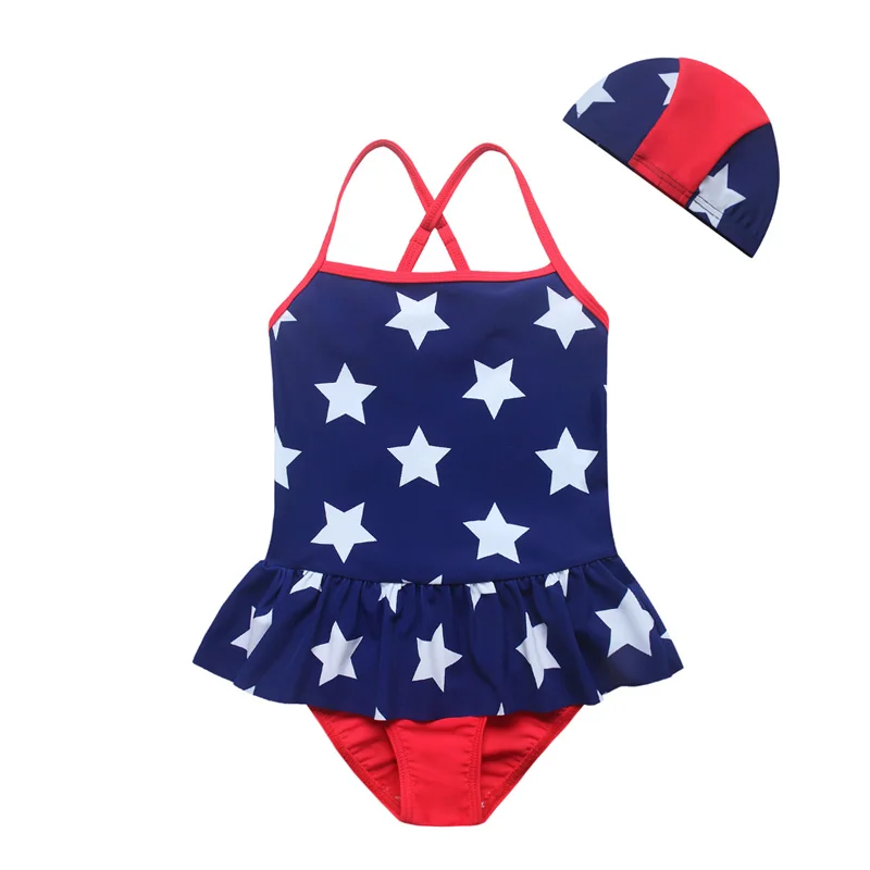 vivo biniya Girls Swimming Suit Cap Blue Star Printed One piece ...