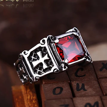JHNBY High quality men s steampunk Rings 316L Titanium steel cross AAA Zircon Red Finger Ring