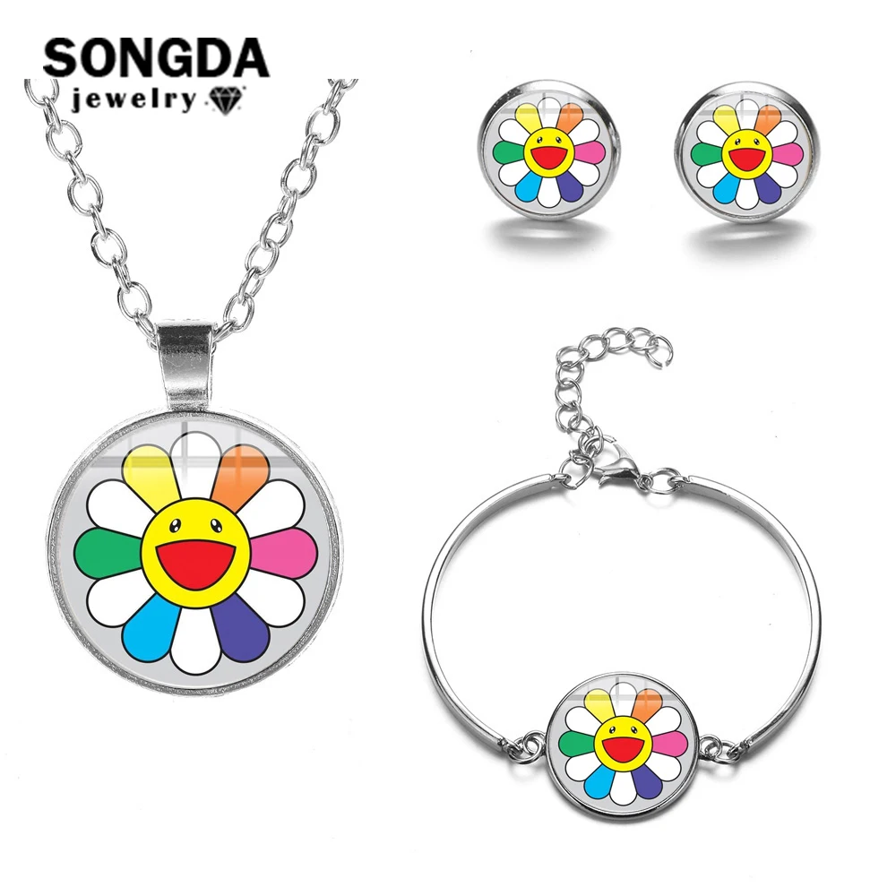 

SONGDA Trendy Japanese Murakami Takashi Seven Colors Sunflower Necklace Bracelet Earrings Jewelry Sets for Women Girls Wholesale