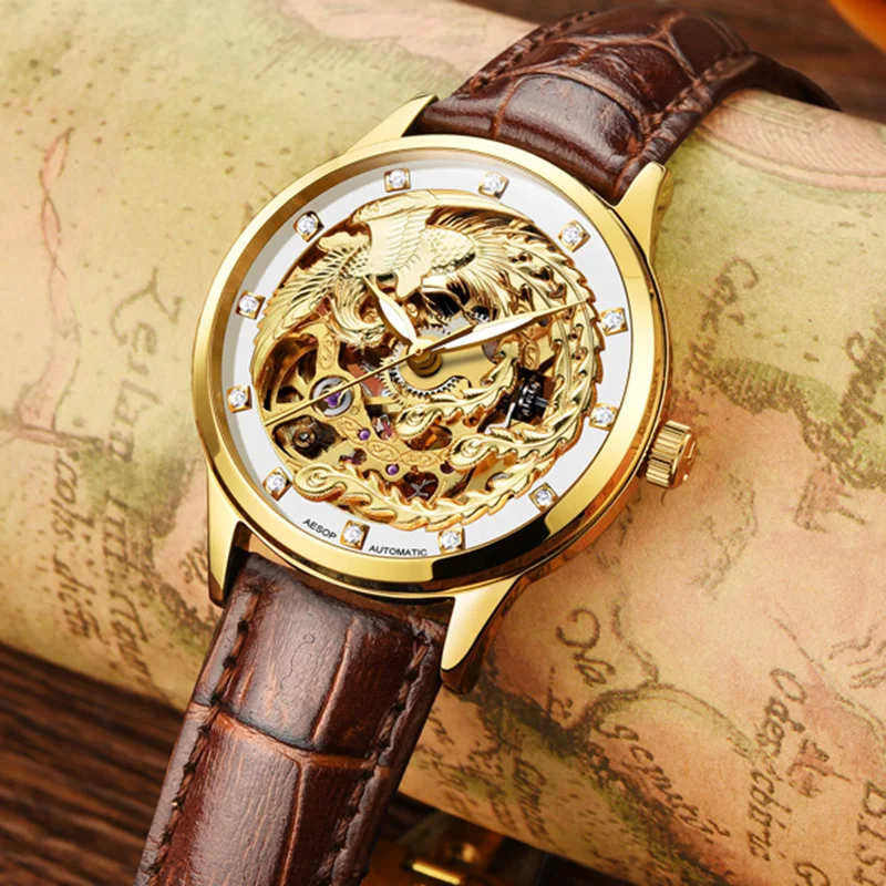 

LuxuryAESOP gold watch women skeleton leather Automatic mechanical Sapphire leather waterproof watch relogio feminine