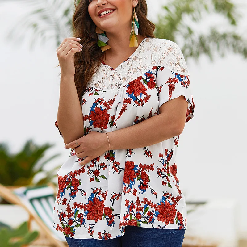 

Ovesize Blouse Women Shirts Tops Big Size Floral Print Loose Chiffon Blusas Lce Patchwork Female Shirt Plus Size Mujer A062
