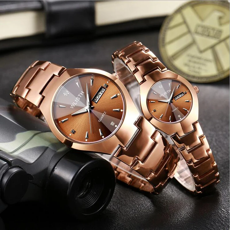 

WLISTH Fashion Couple Lovers Quartz Watches Brown Full Steel Band Watch Luminous Calendar Business Wristwatch with Week Display