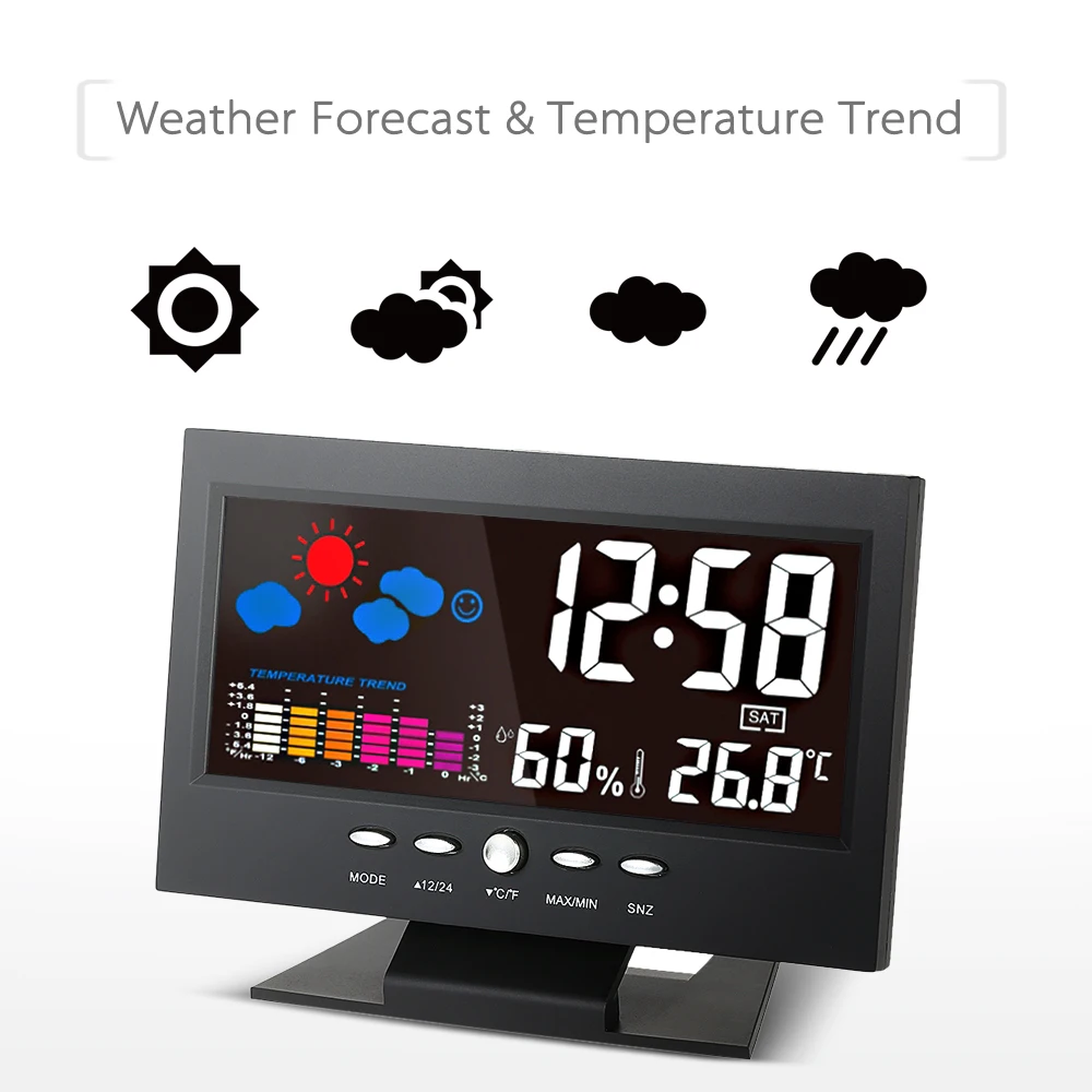 Многофункциональный температура и влажность электронные часы барометр цветной дисплей погода колокол Звук управление часы