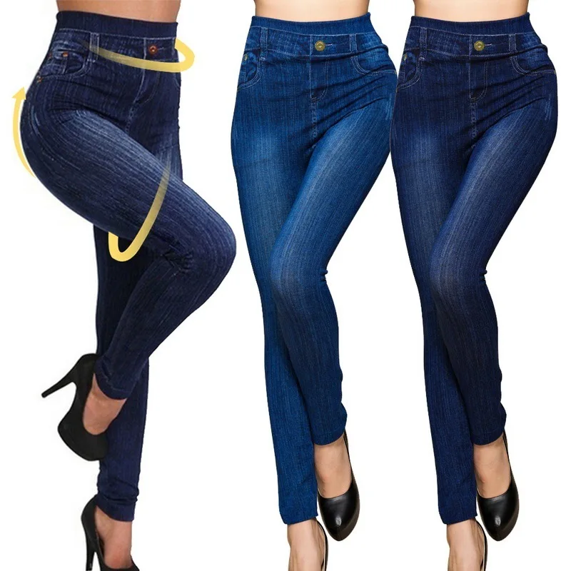 Женские Новые Модные Классические облегающие леггинсы с высокой талией, имитация джинсовой ткани, обтягивающие джеггинсы, обтягивающие штаны для тренировок размера плюс, лидер продаж, S-3XL