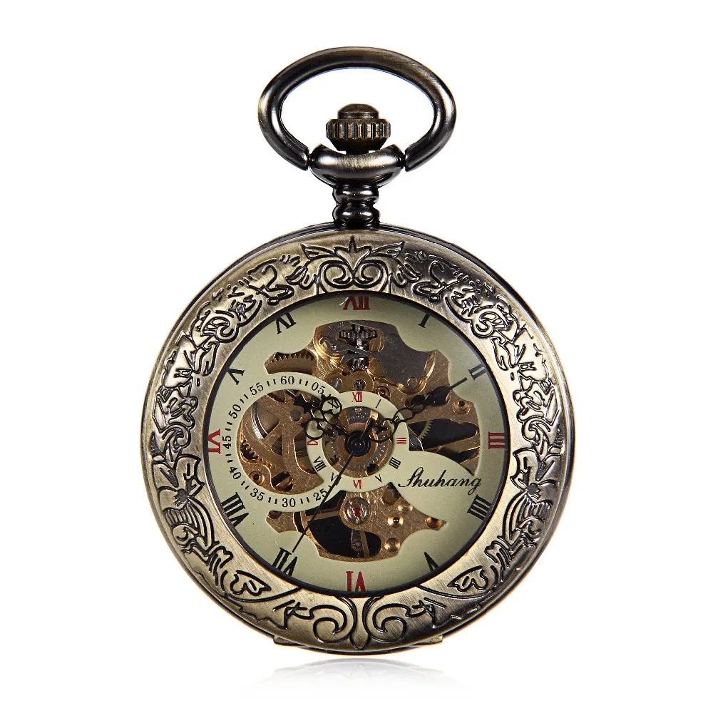 Antique Bronze Tone Clock Transparent See Though Case Steampunk Skeleton Mechanical Pocket Watch For Men Gifts reloj de bolsillo | Наручные