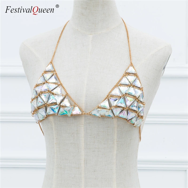 FestivalQueen, экзотический женский бюстгальтер с разноцветными камнями, хит, сексуальный, для девушек, Регулируемая металлическая цепочка, соблазнительное нижнее белье, пляжный бюстгальтер на бретельках