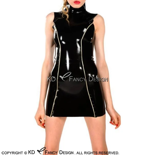 

Black With White Trims Stripes On Front Sexy Latex Dress With Zipper At Back Rubber Dress Playsuit Bodycon LYQ-0153