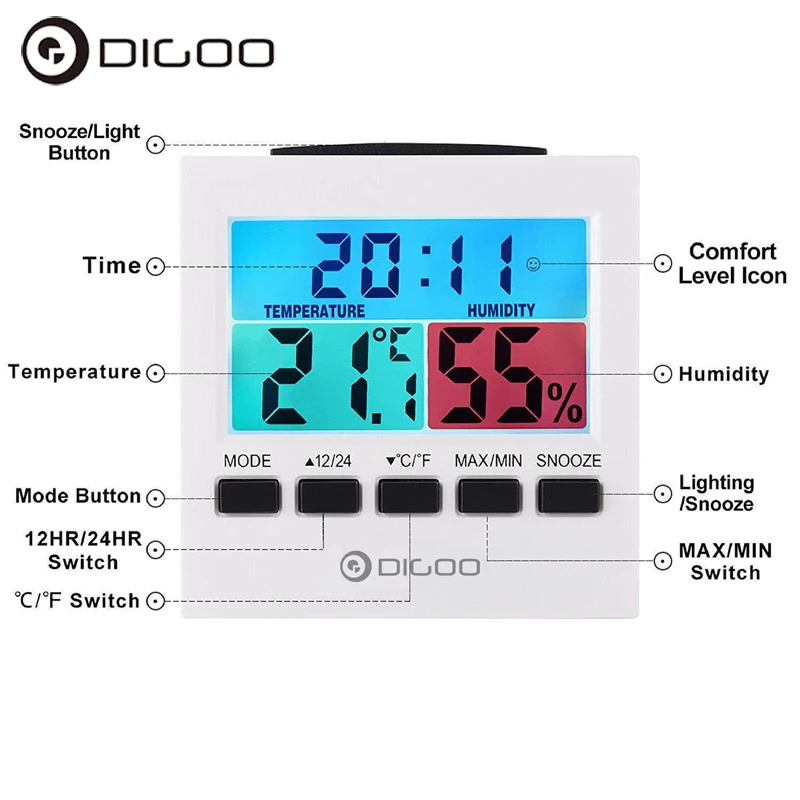 

Digoo DG-C6 Digital Home Indoor Thermometer Hygrometer Humi dity Monitor Gauge with Backl ight Alarm Clock/ LCD Gauge Meter