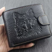 Мужской кошелек из натуральной кожи с головой волка, черный кошелек