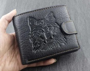 

Mens Genuine Leather Wolf Head Snap Card Money Black Wallet Cool