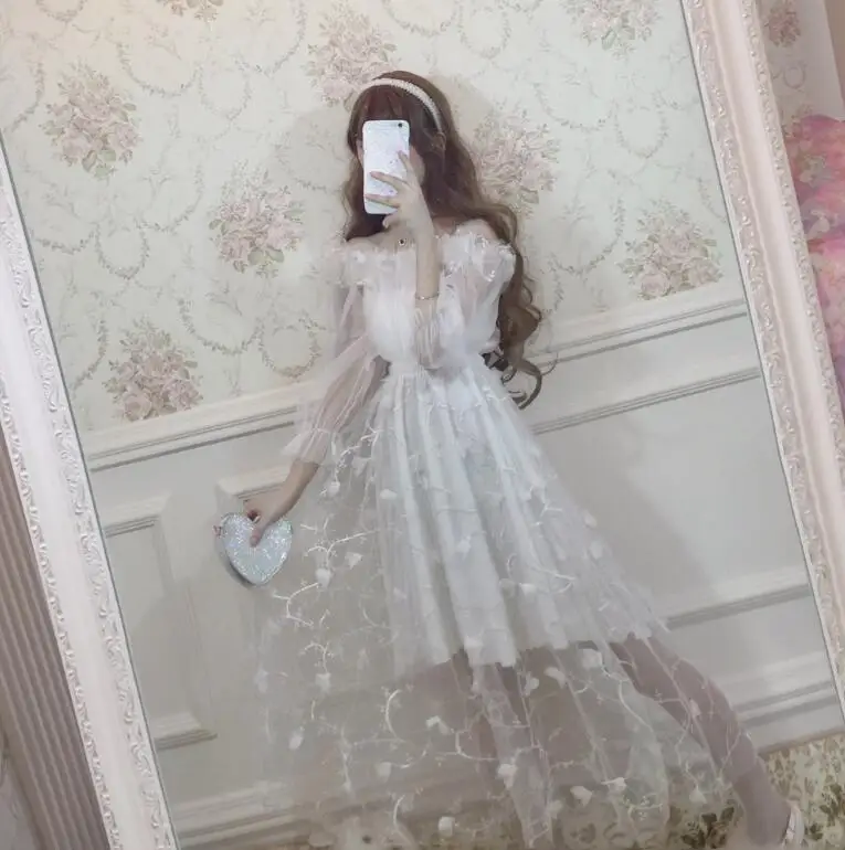 

women young Chiffon Lolita student Dress Ruffle SHORT Sleeve High Waist Classical flower Princess Dresses Cosplay Costumes