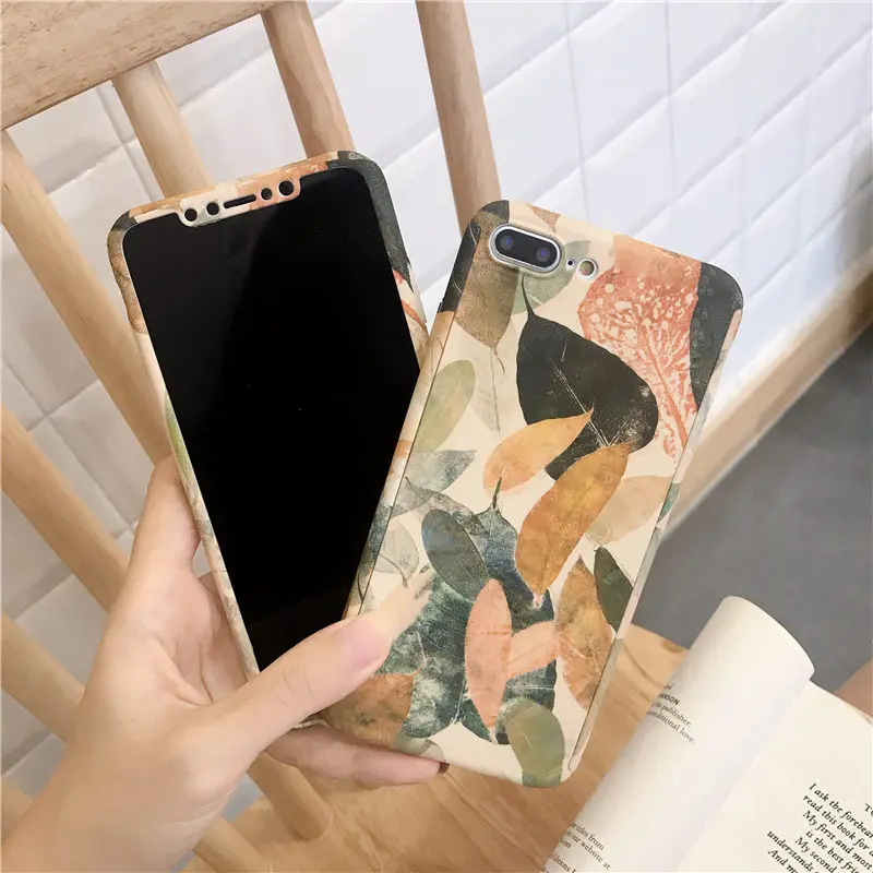 

360-degree all-inclusive vintage maple leaf Phone Case For iPhone 6 6S 7 8 Plus X XR XS MAX 5 5S SE with glass full Back Cover