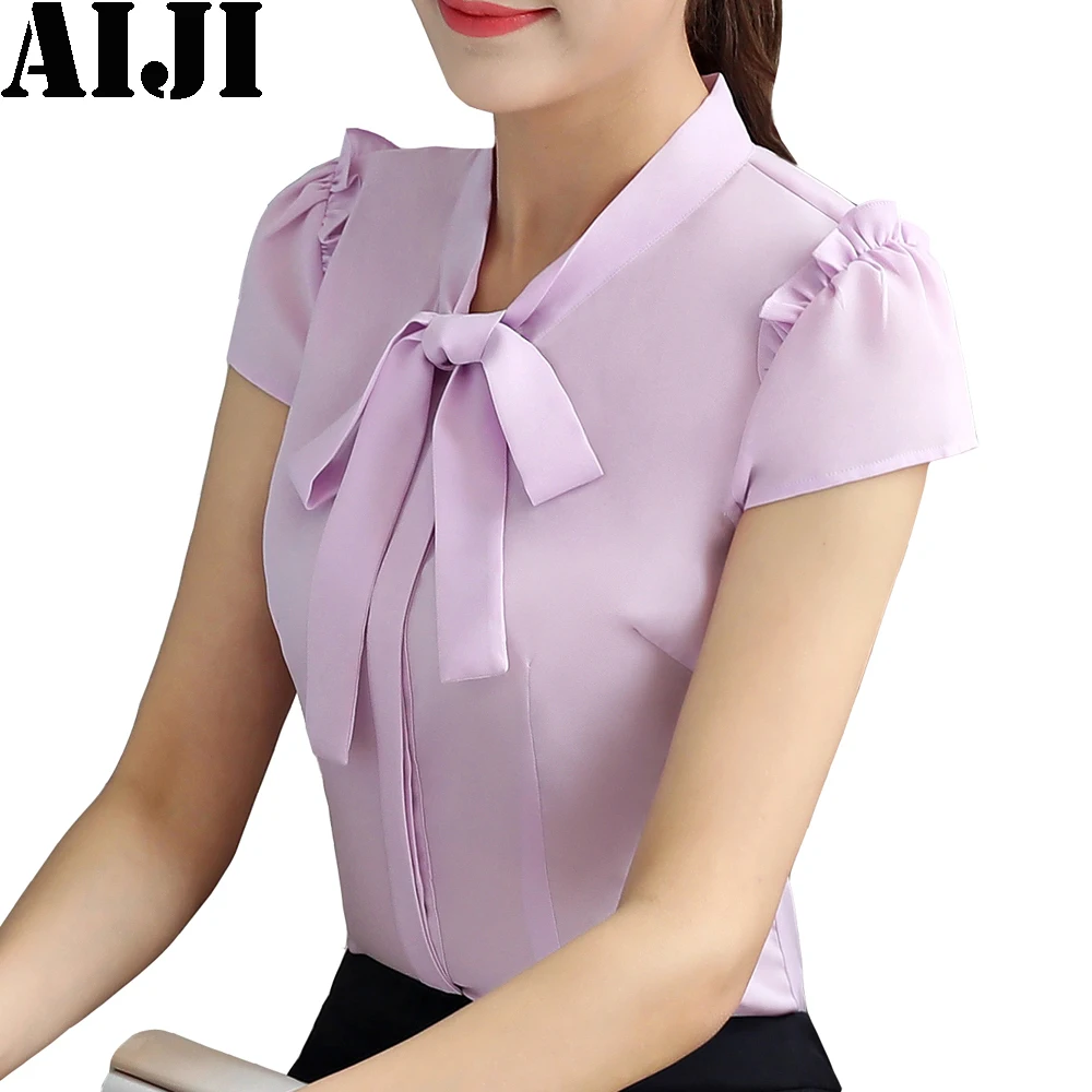 2018 Summer slim plus size women blouse Short Sleeve Chiffon Shirts Bow V-Neck Shirt Petal Tops Blusas Femininas |