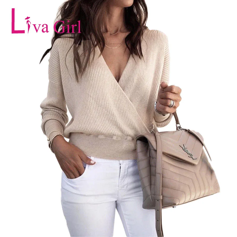 

Liva Girl Spring Sexy Deep V Neck Crossover Tops Casual Women Fashion T Shirts Long Batwing Sleeve Black Winter Mujer Office Top