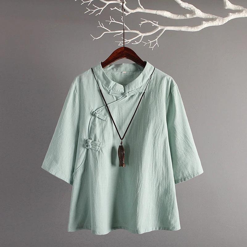 

Chinese Style Linen Top New Retro Art Cotton Oblique Buttons Seven Sleeves Loose Linen Tops Women Traditional Chinese Clothing