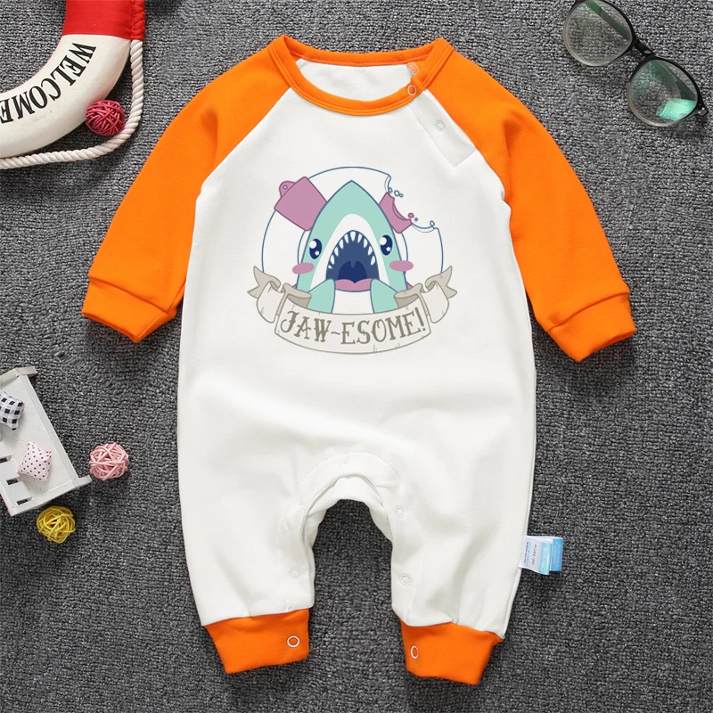 Одежда для новорожденных Комбинезоны для детей с изображением героев мультфильмов, с принтом челюстей, с длинными рукавами, одежда для маленьких мальчиков и девочек осенний костюм для малышей - Цвет: Orange