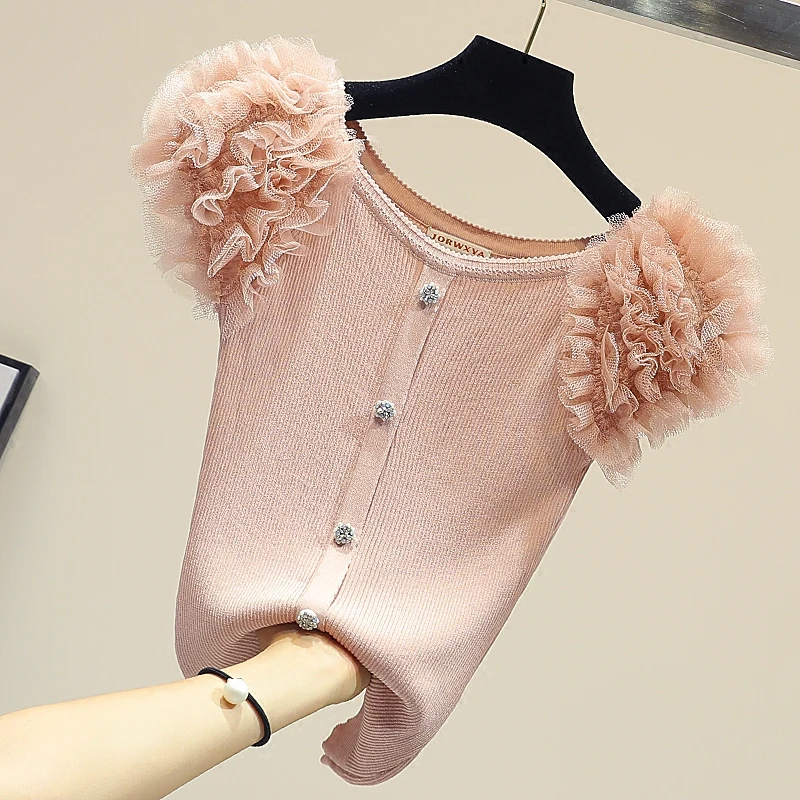 

2018 Summer Fashion Ice Knit T Shirt Women's Slim Short-sleeved Button Gauze Ruffles Shoulder Knitted T-shirt Bottom Shirt Tops