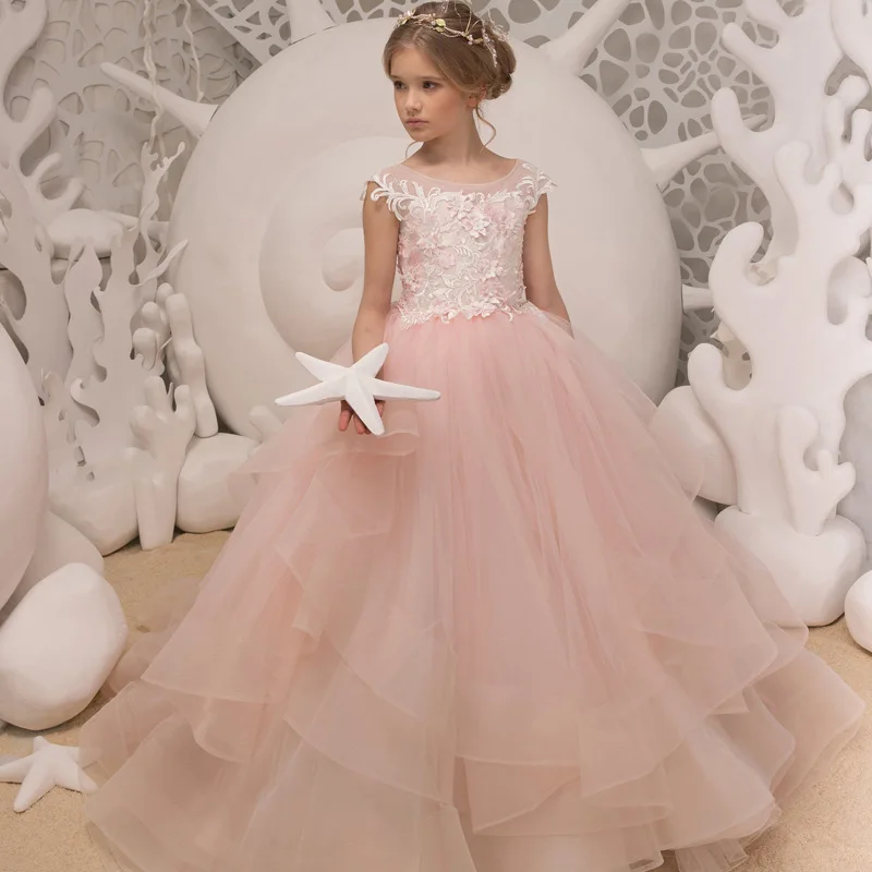 

Flower Girls Pink Sheer Back Tulle O-neck Ball Gowns Multilayer Little Girls First Communion Formal Wedding Dress