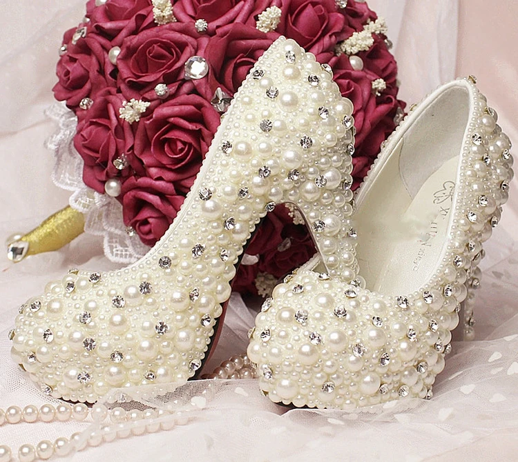 Nice Handmade Wedding Bridal Dress Shoes Imitation Pearl Rhinestone wedding Bridal shoes Bride Wedding Dress Shoes