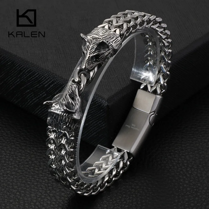 Beste Rvs Animal Wolf Bedelarmband Voor Mannen 22 Cm Hoge Gepolijst Link Chain Wrap Armband Bangle Mannelijke Sieraden